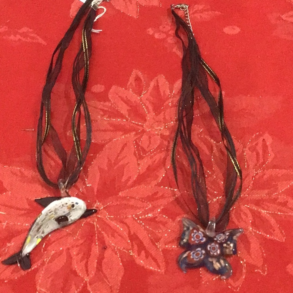 Air & Sea - Butterfly & Fish Bundle of 2 Glass Pendants w/ Ribbon Necklace. NWT.